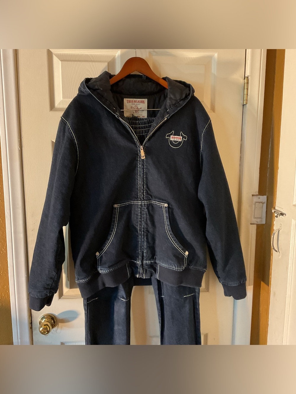 True Religion Quilted Jacket and Pants in Blue Denim with Logo Patch size Large